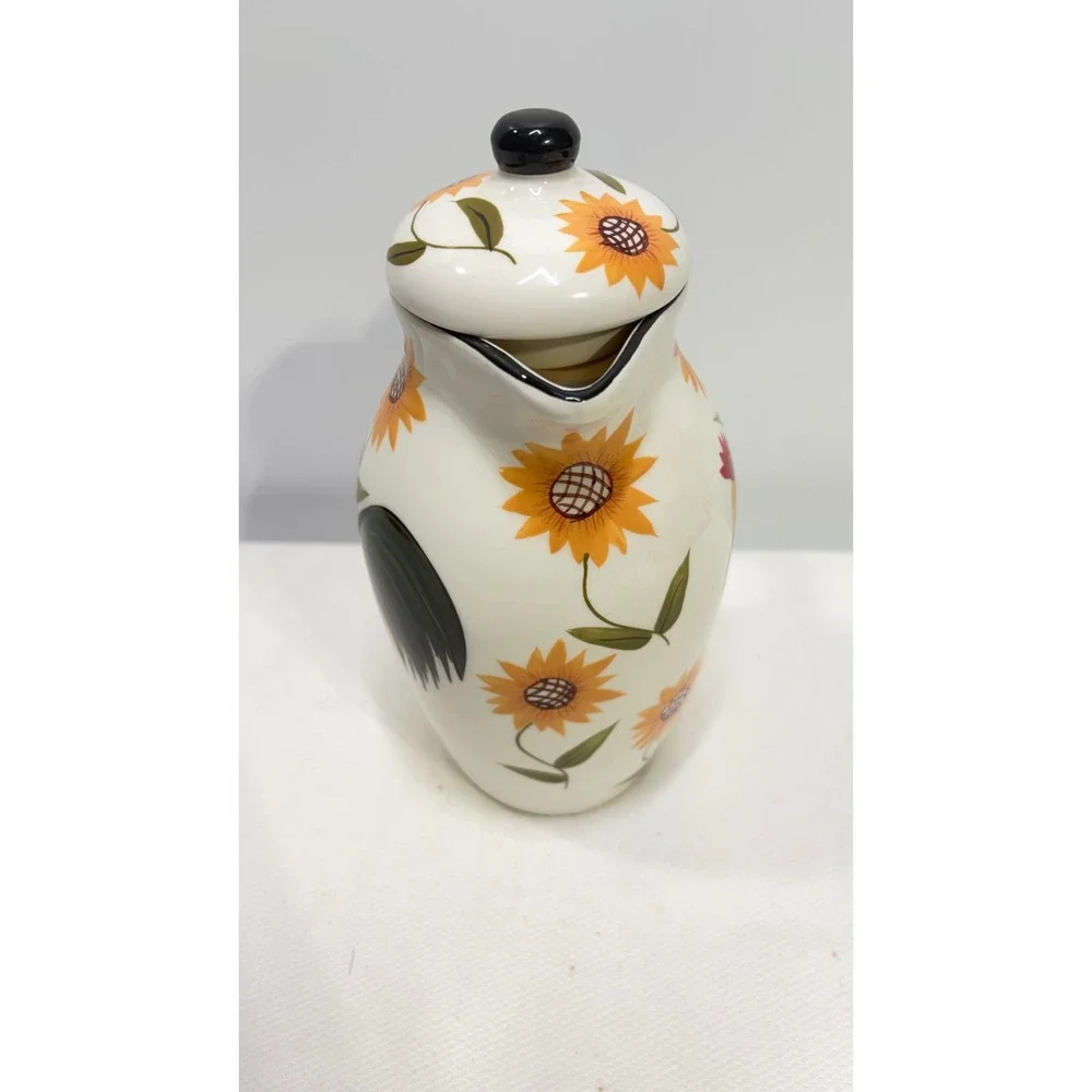 Casa Vero by ACK Hand Painted Rooster Sunflower Ceramic Pitcher with Lid 10 in